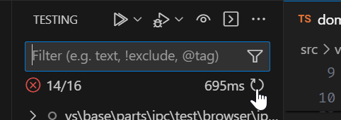 Testing view status area displaying test result count, test timing, and rerun button