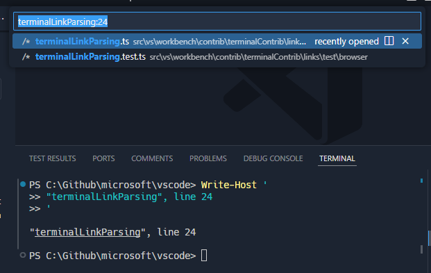 Activating a "terminalLinkParsing" link when followed by "line 24" will include the 24 line number in the search