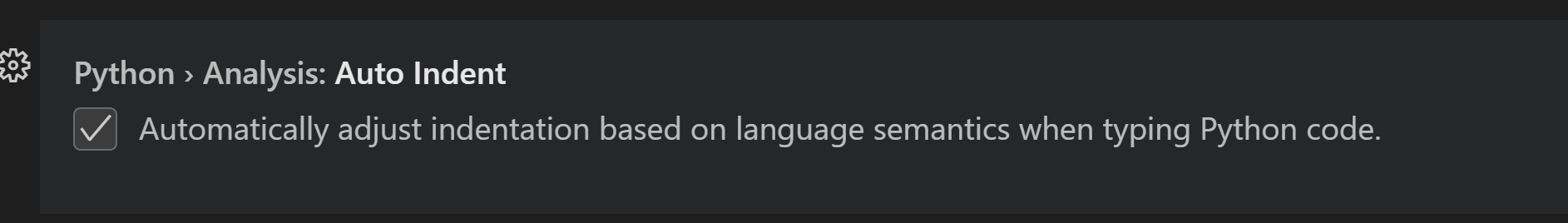 Screenshot showing Python Analysis Auto Indent setting to control auto indentation with Pylance