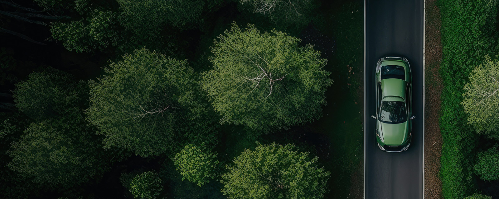 Green car on forest highway. Generative AI