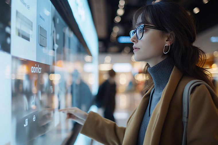 Woman browsing a product on a screen in a mall