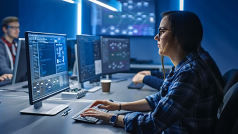 woman typing and looking at a computer screen