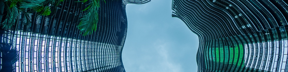 A view of buildings from the down.