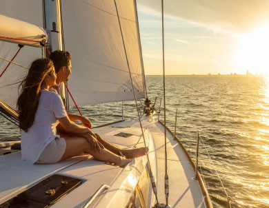 Two people sitting on a yacht