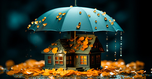 house protected from rain surrounded by dollars