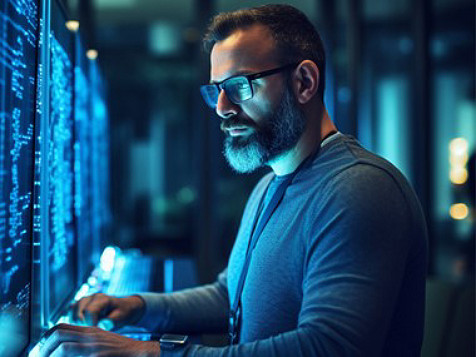 a man looking at a digital display screen