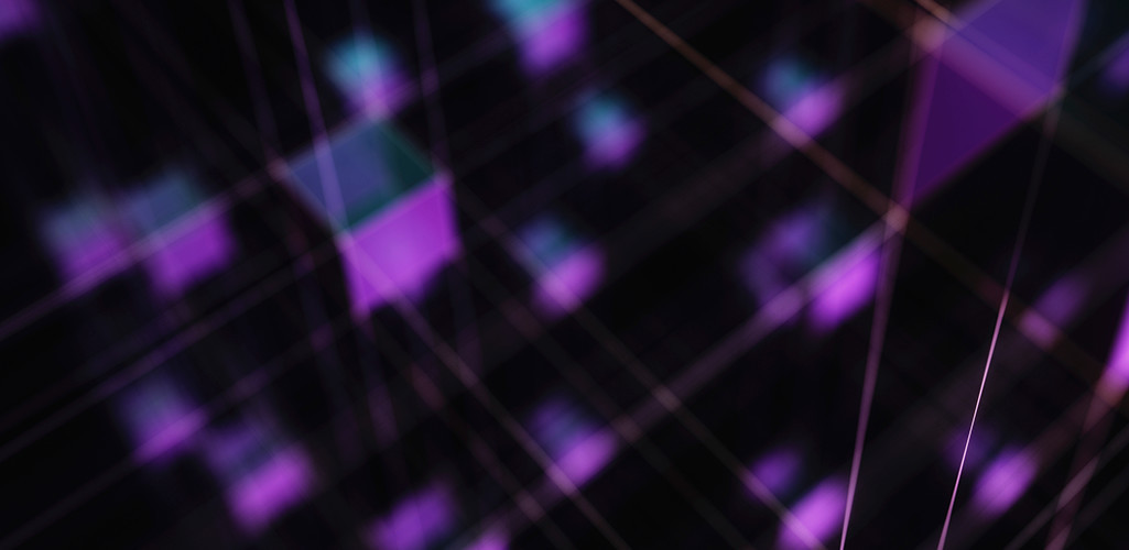 An abstract design of purple and blue cubes floating in the air