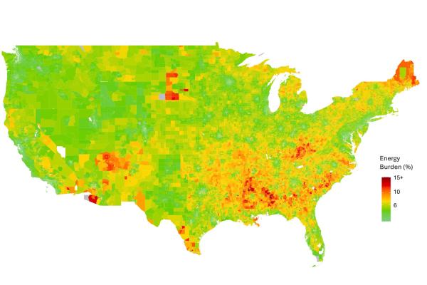 This map estimates the average energy burden for U.S. households between 2015 and 2020. Households experiencing an energy burden in costs greater than 6 percent of income are classified as energy-poor. Darker shades indicate higher energy burdens, and grey areas indicate census tracts where the estimates are unavailable.