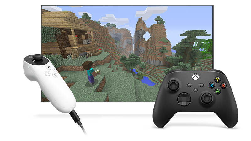 Twee controllers, waarvan de ene een Xbox draadloze controller en de andere een Xbox Adaptive Joystick, gekoppeld met Xbox Controller Assist om Minecraft te spelen.