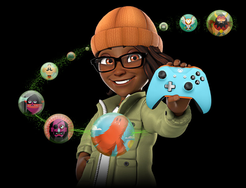 Ein Xbox-Avatar mit einem Controller neben den Profilbildern von Gamertags