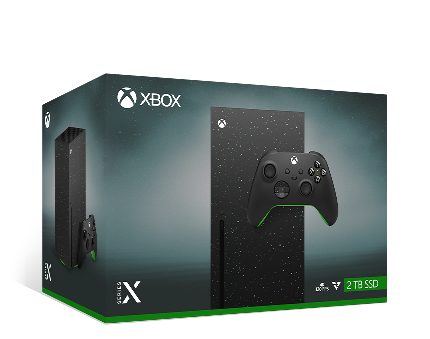 Verpackung der Xbox Series X – 2 TB Galaxy Black Special Edition mit Xbox Wireless Controller – Galaxy Black Special Edition