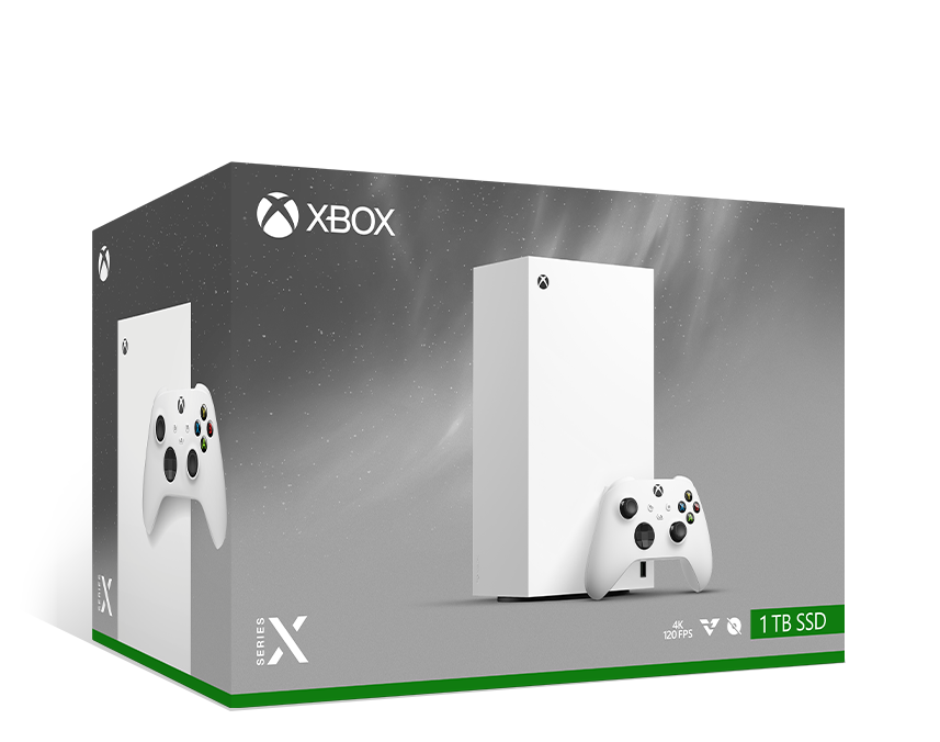 Verpackung der Xbox Series X – 1 TB All-Digital Robot White mit Xbox Wireless Controller – Robot White