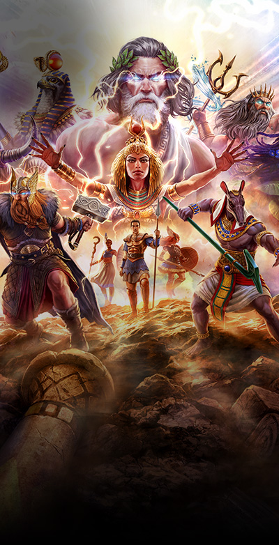 Age of Mythology: Retold, verschiedene Gottheiten und Mythen steigen vom Himmel herab.