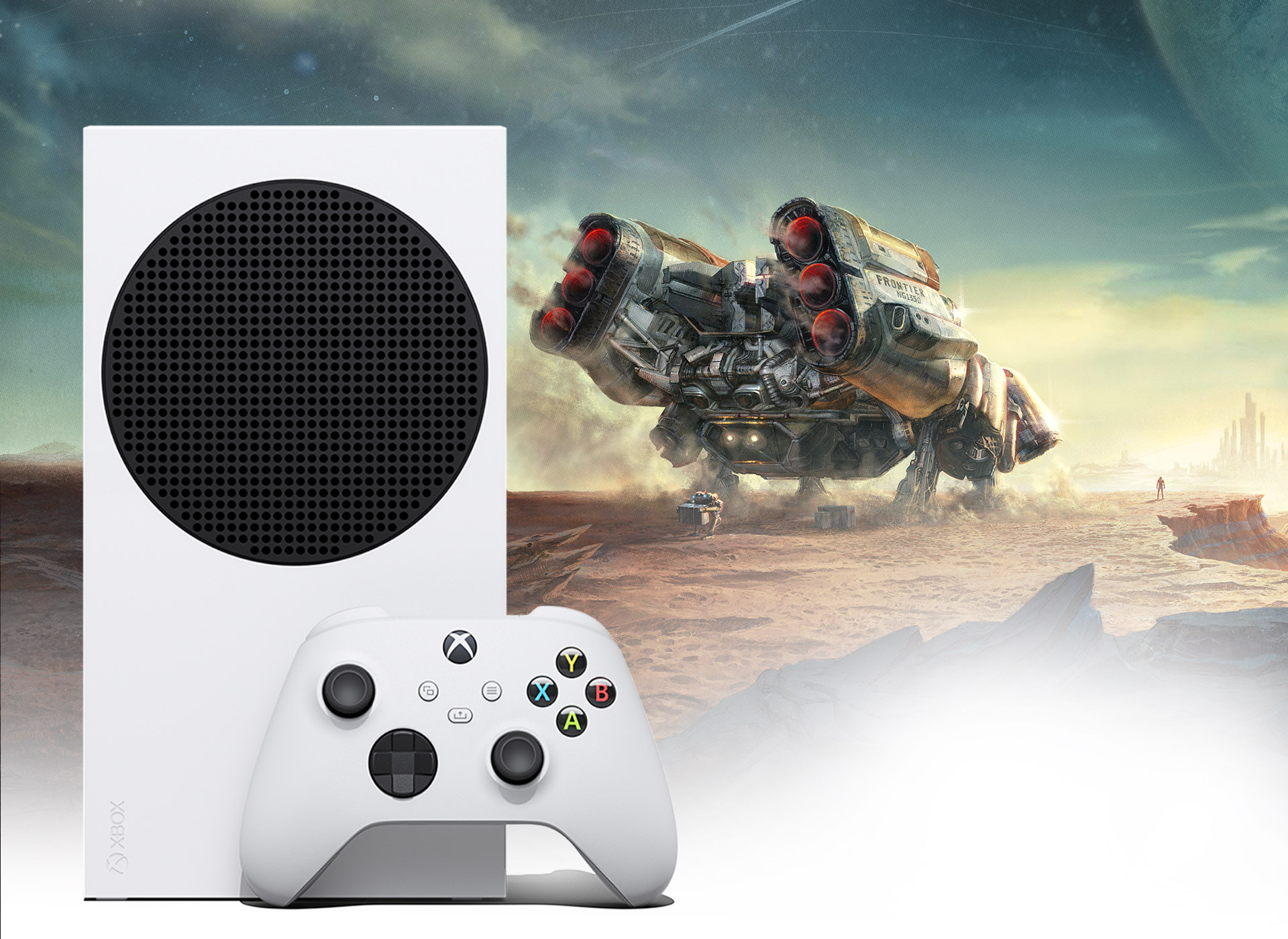 Xbox Series S next to a space ship on a Starfield planet