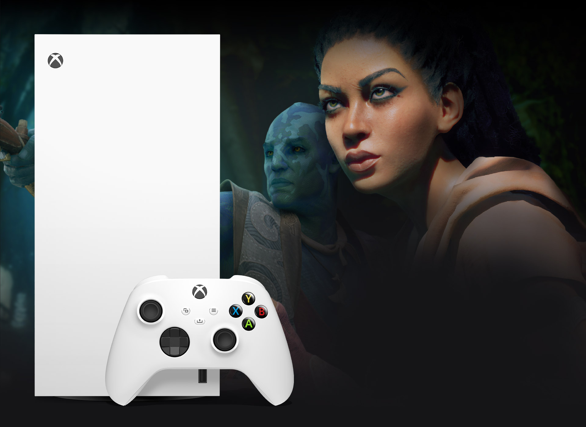 Xbox Series X – 1TB White, kaksi Avowed-hahmoa katsoo kaukaisuuteen.