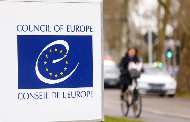 The Council of Europe logo in Strasbourg, France in 2022.