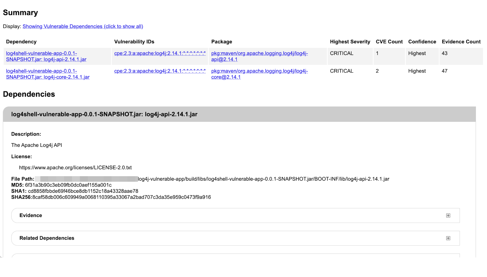 Using OWASP DependencyCheck to identify a vulnerable Log4j dependency