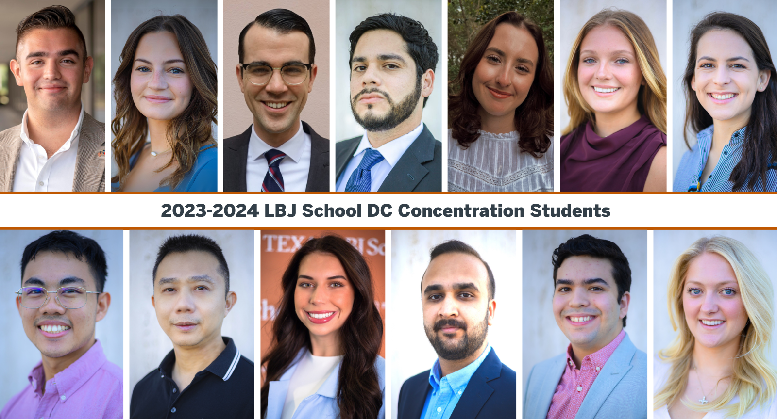 Grid of 13 headshots with text in the middle: 2023-2024 LBJ School DC Concentration Students