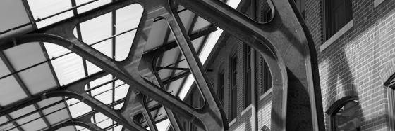 black and white image of Gray Design Building canopy