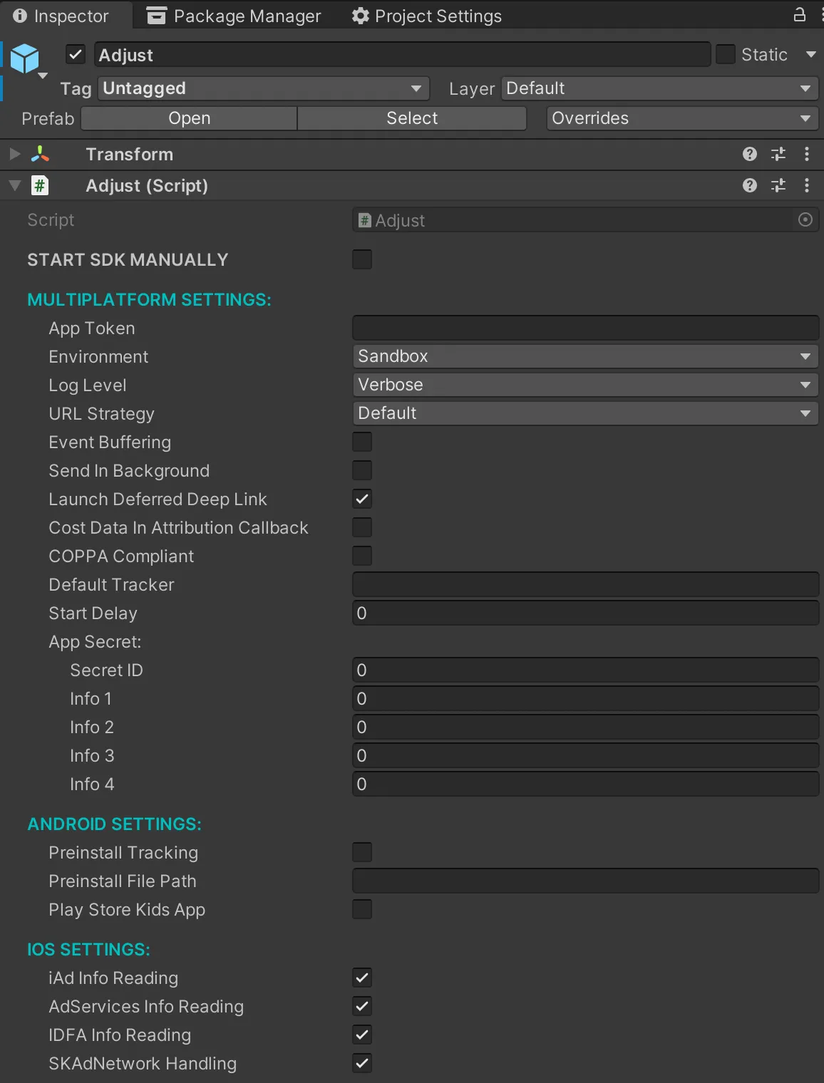 UnityエディターのAdjust SDK プレハブ構成スクリプト