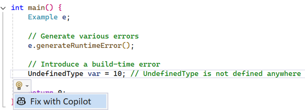 Option to fix with Copilot over an error in the light bulb.