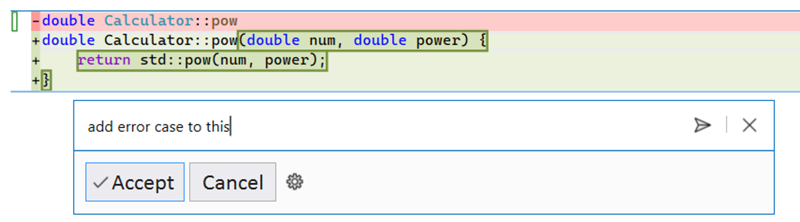 A diff viewer with Copilot completions with an inline suggestion from user to add an error case.