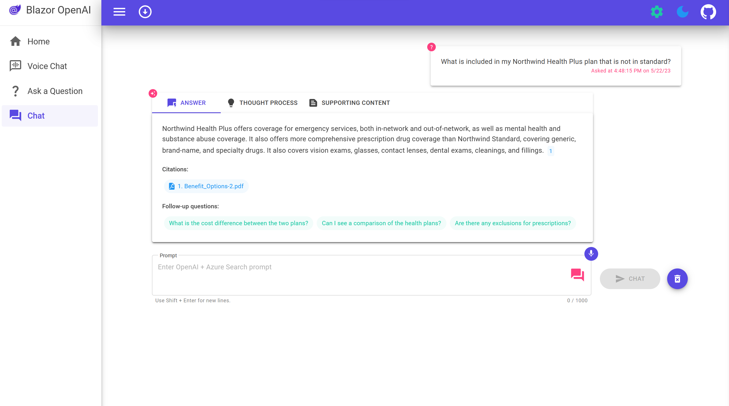 Image displaying responses of ChatGPT generated responses in .NET web app