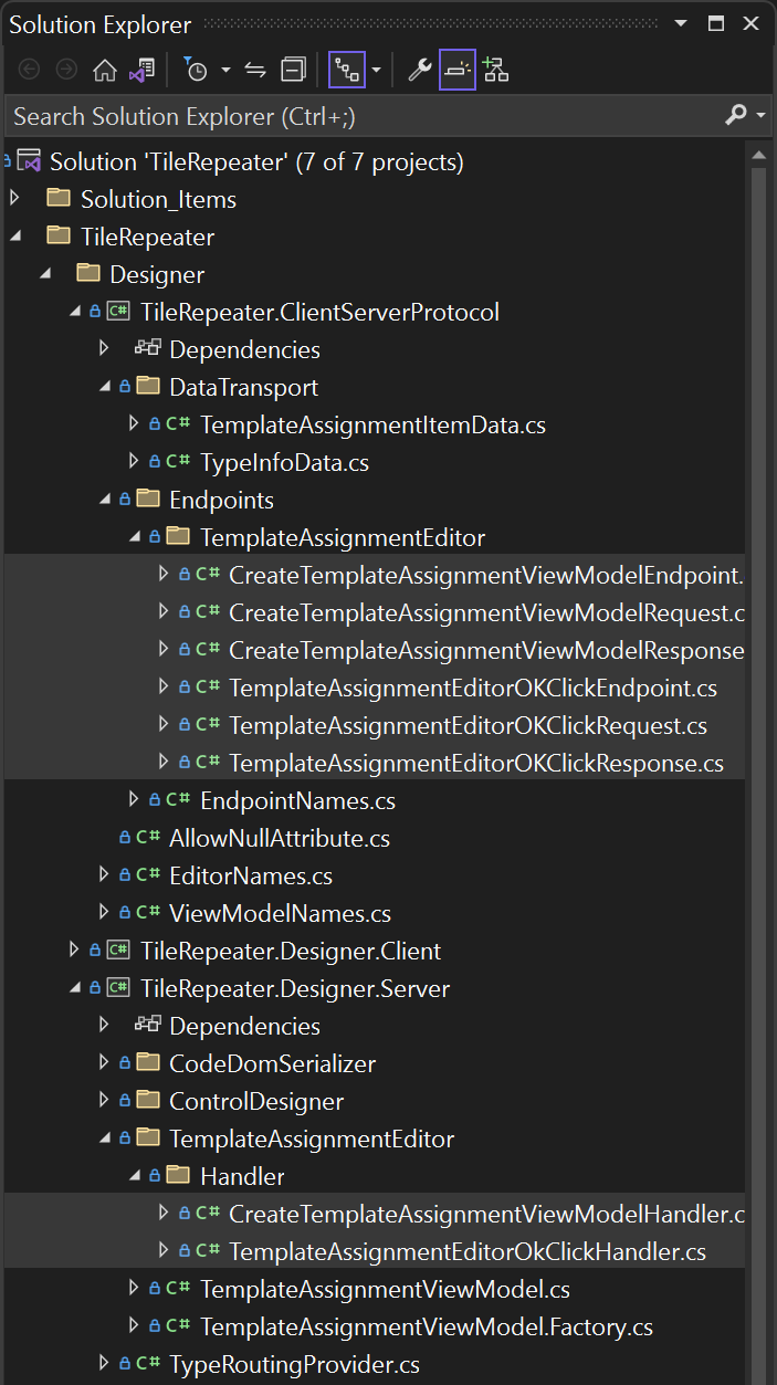 Screenshot of the protocol and server endpoint classes in the solution explorer