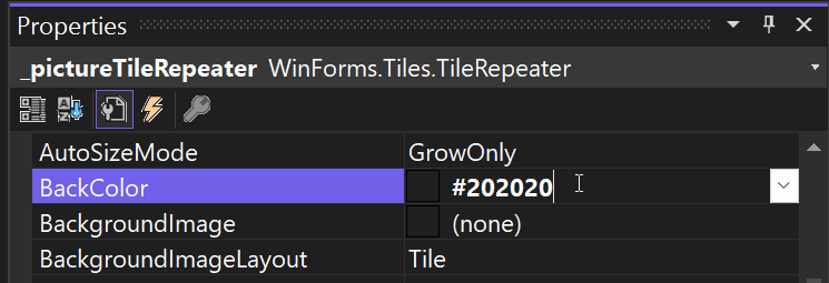 Entering hexadecimal RGB values for a Background property in the Property Browser