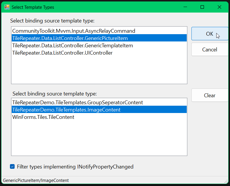 The Type Editor of the TileRepeater control allowing to assign data source item and user control template.