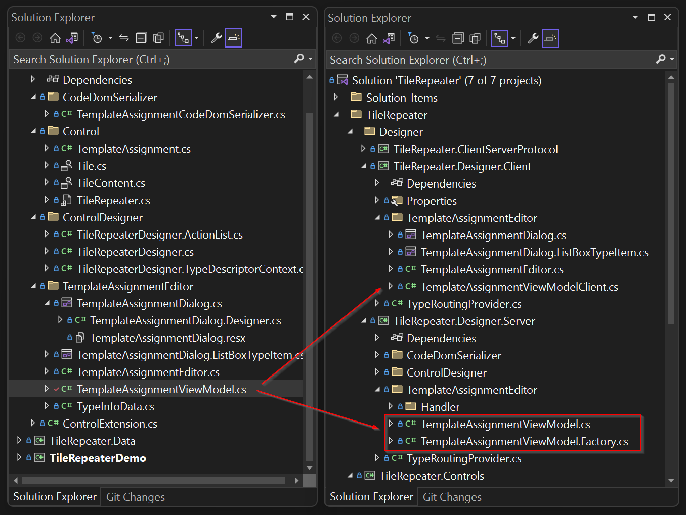 Splitting of the .NET Framework ViewModel classes into server/client-version in solution explorer.