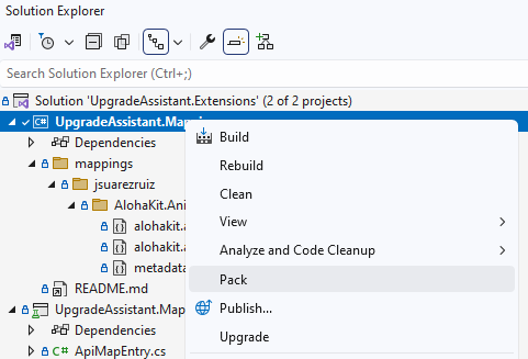 Screenshot of running the Pack command in Visual Studio