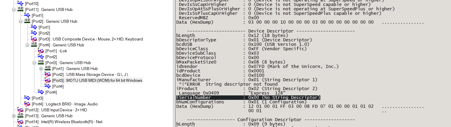 MOTU Express 128 USB Tree View