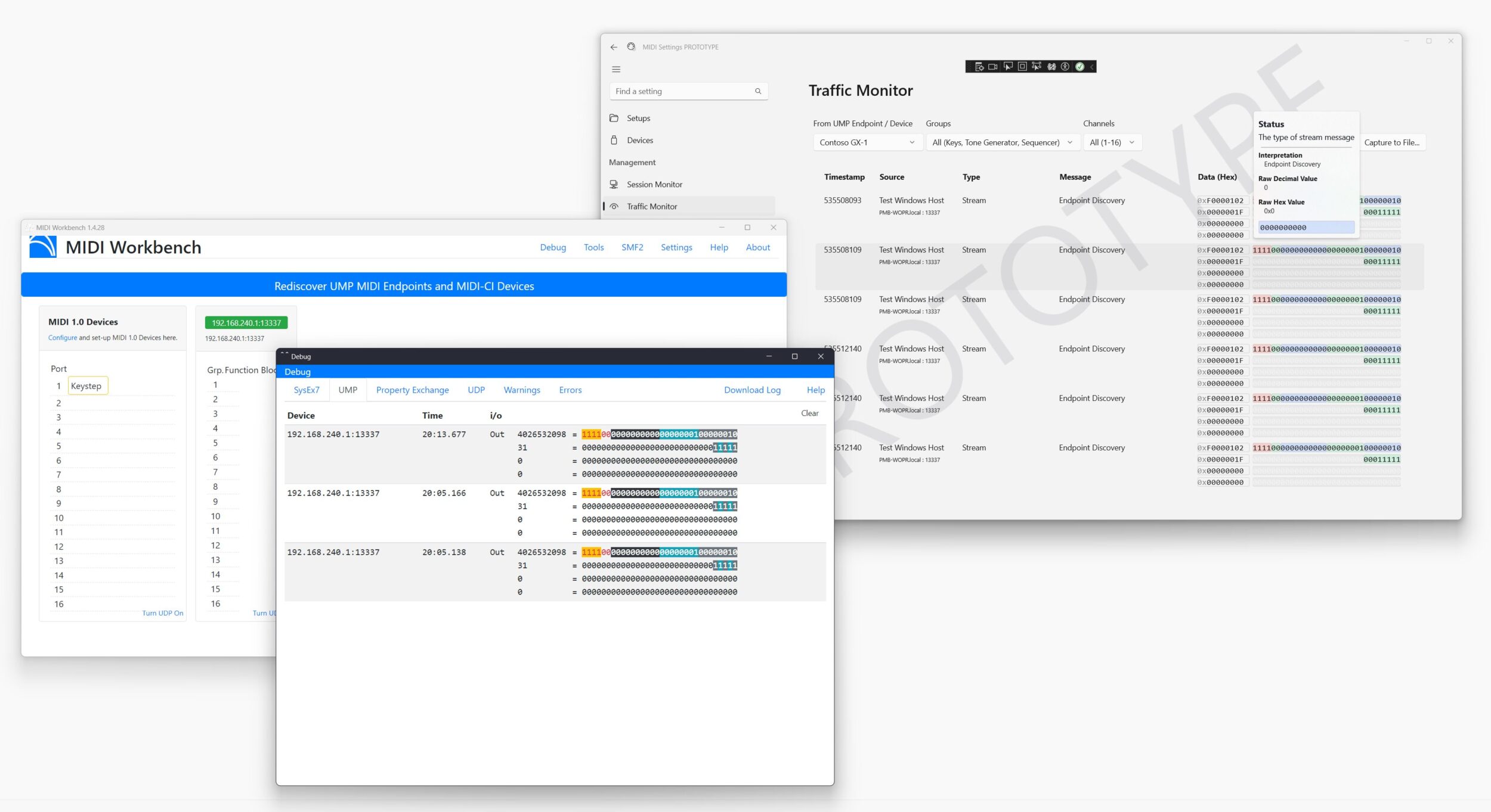 Network MIDI 2.0 in the Settings app. MIDI workbench on the left, Windows MIDI Services Settings on the right