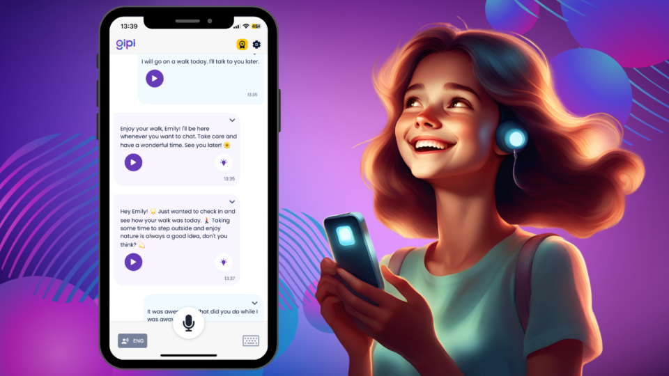 Stylized image of a smartphone chat with a young woman smiling off to one side.