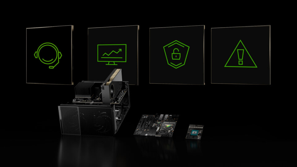 Decorative image of green icons on a black screen behind IGX hardware.