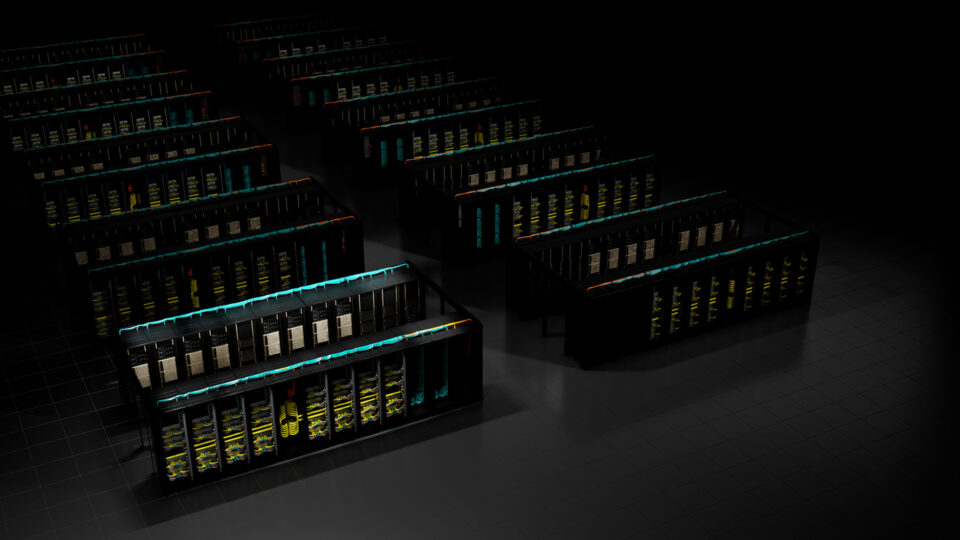 Decorative image of rows of GPUs.