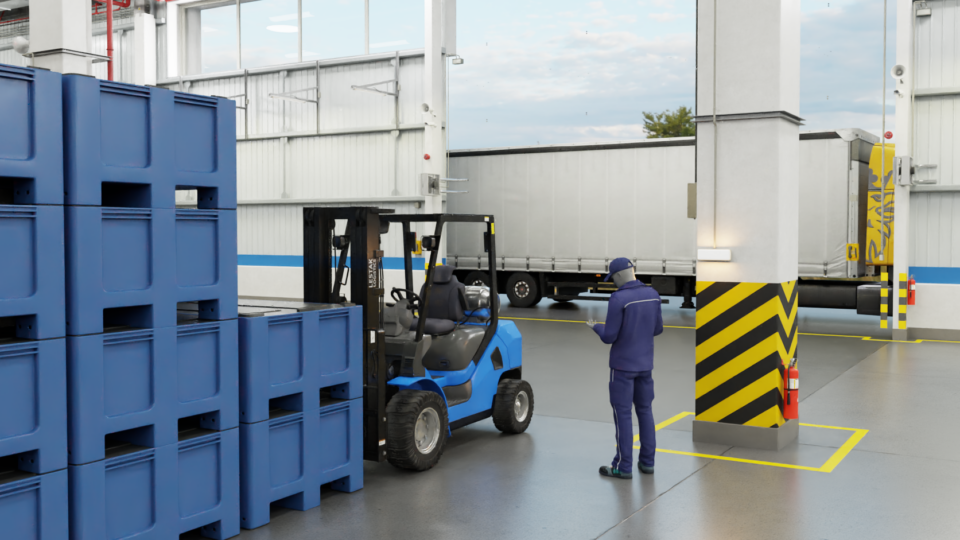 Image of a factory floor with loading equipment and a person with a clipboard.