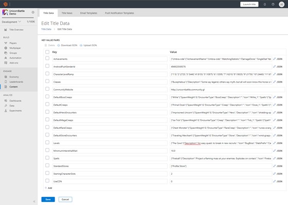 screenshot of the title data page in PlayFab Game Manager