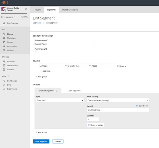 screenshot of the edit segment page in PlayFab Game Manager