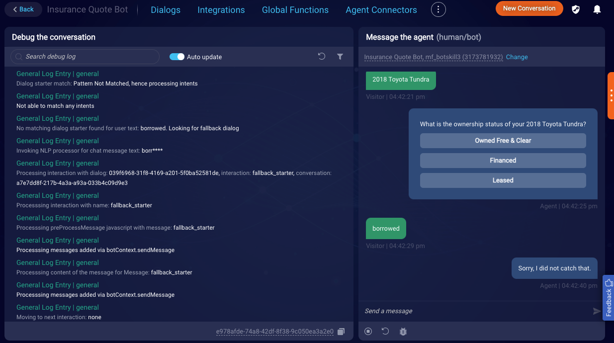 A view of the Conversation Tester, with the debug panel on the left and the conversation preview panel on the right