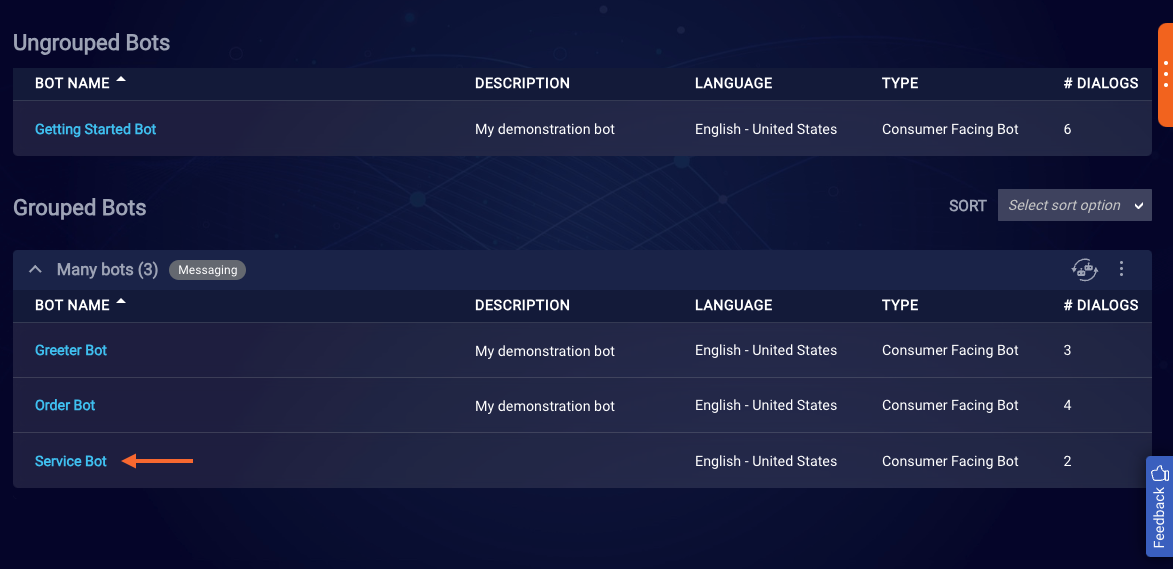 The Service bot within the Many bot group on the Bots dashboard