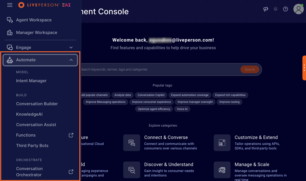 The Automate menu, which you can use to access the automation and AI applications