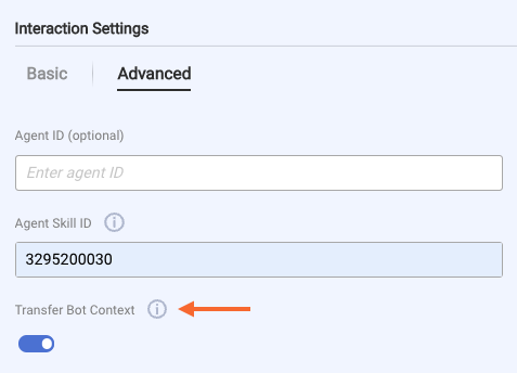 The Advanced tab of the Interaction Settings of an Agent Transfer interaction, with the Transfer Bot Context setting both enabled and highlighted