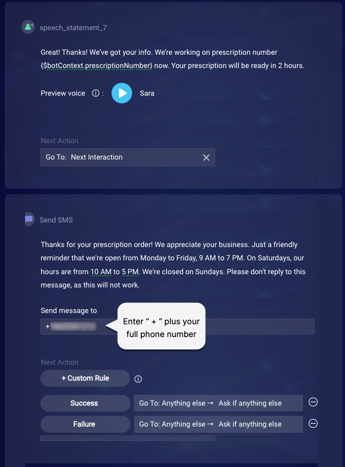 The fully configured Send SMS interaction in the dialog flow