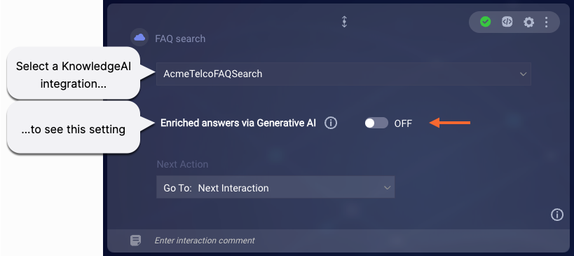 The Enriched answers via Generative AI toggle on the face of the Integration interaction