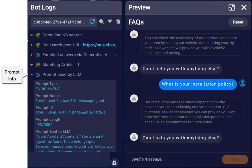 An example of viewing the data in Bot Logs while debugging a conversation in the Preview tool