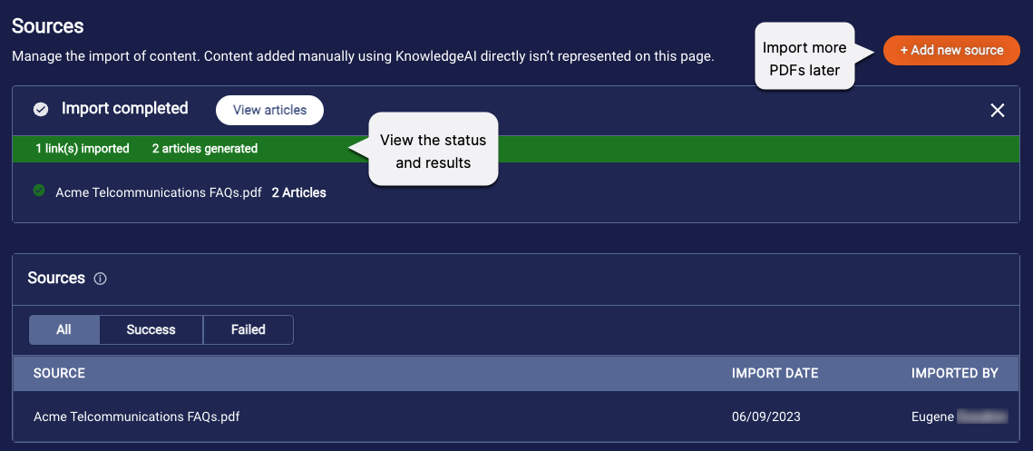 The Sources page showing the status indicators for a completed import