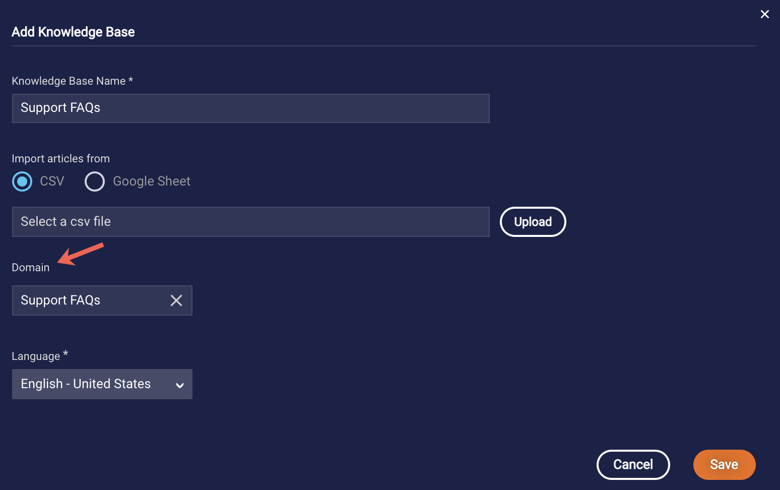 The Add Knowledge Base window, with the Domain field called out with an arrow