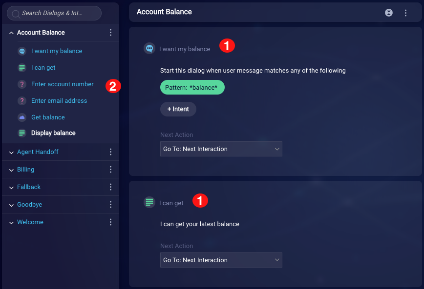 A view of the dialog editor showing two interactions with names, and how this makes things easy to read in the dialogs panel on the left